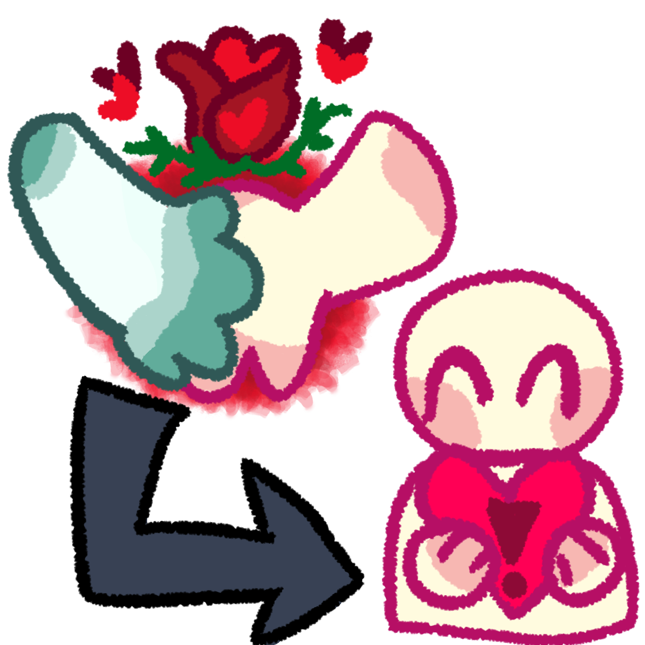in the top left corner two hands one teal and one pink touch with a red glow around their hands and there's a rose and hearts above them.  a gray arrow points to a pink person holding a heart with an exclamation point